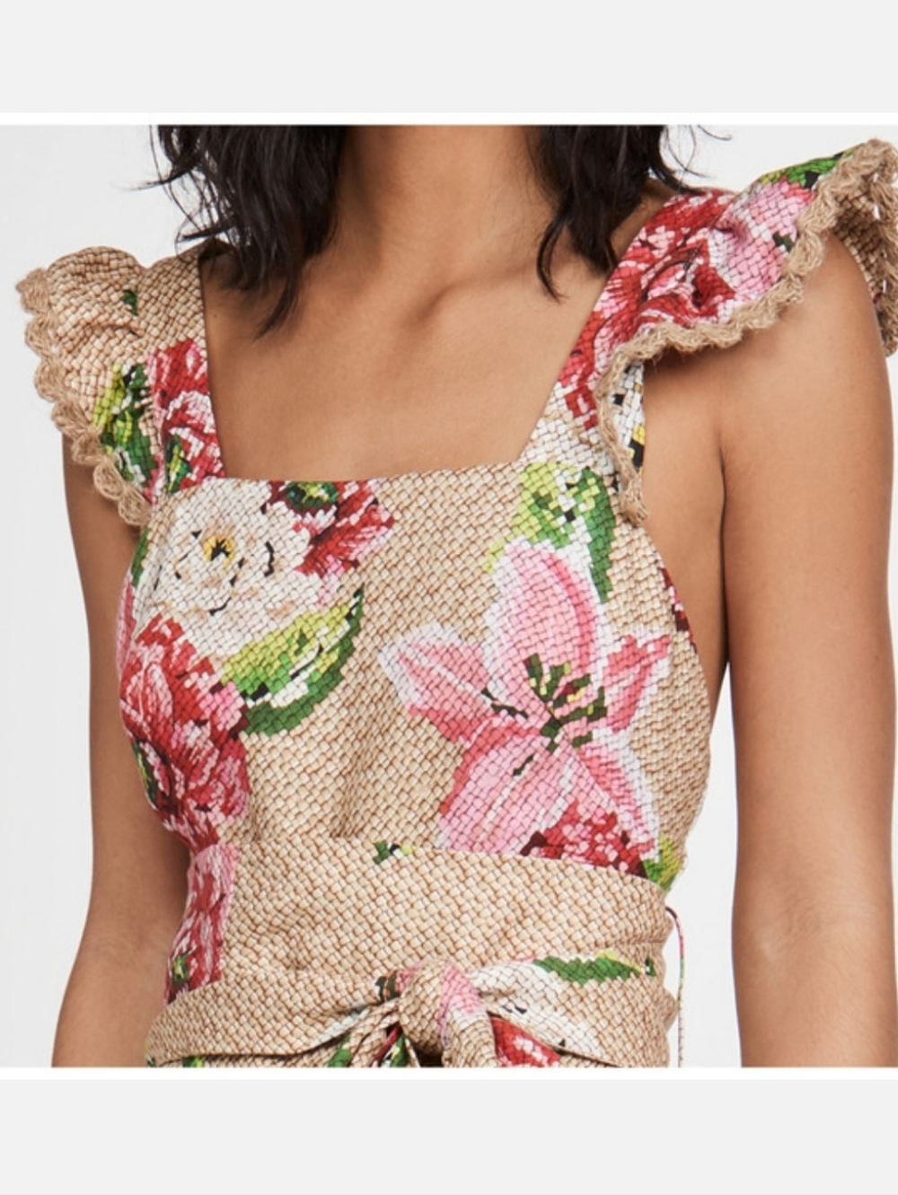 NWT Farm Rio Romper Woven Floral Crossed Back Frilled 100% Linen Multi Boho MD - Picture 7 of 16